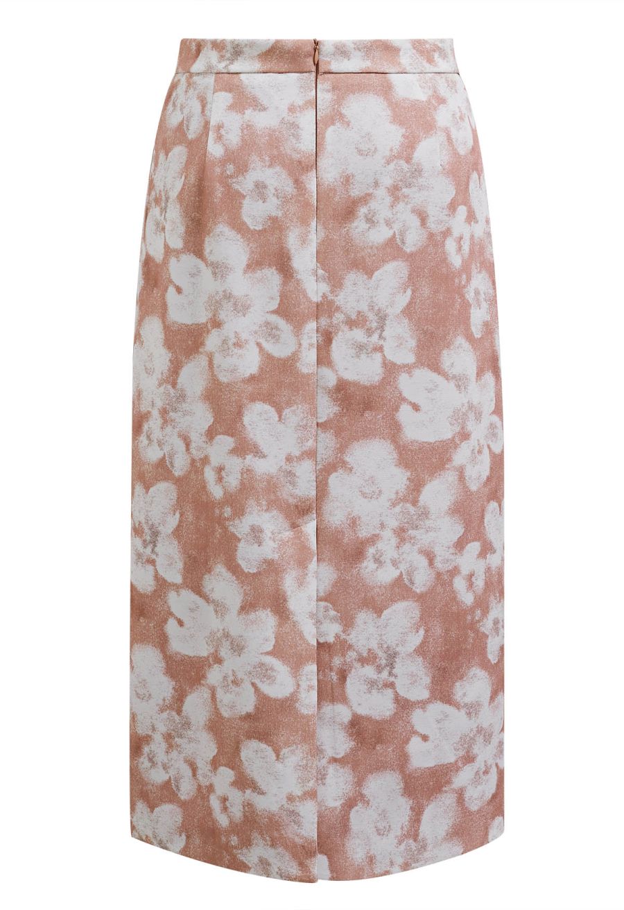 Graceful Floral Pencil Midi Skirt in Coral