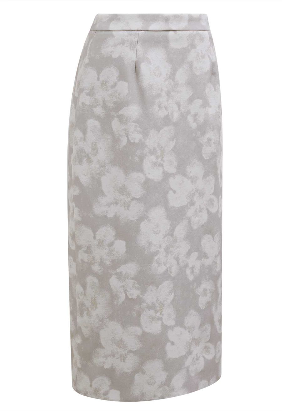 Graceful Floral Pencil Midi Skirt in Grey