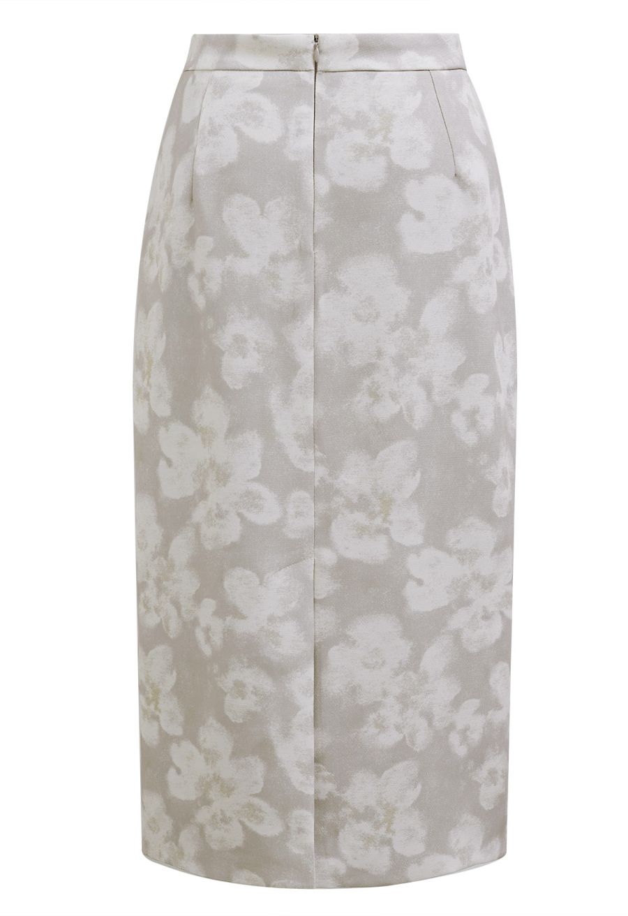 Graceful Floral Pencil Midi Skirt in Grey