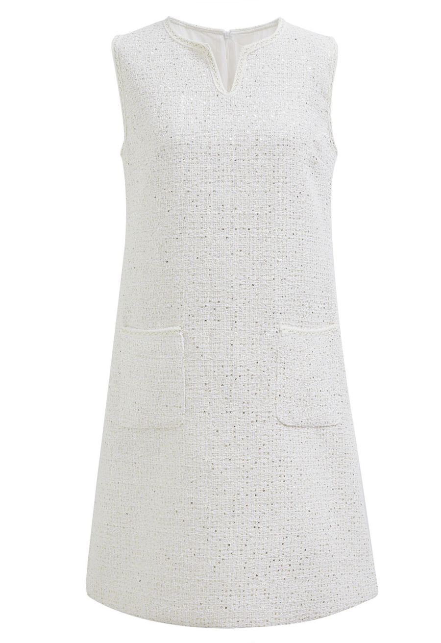 Sequin Embroidery Sleeveless Tweed Dress in White