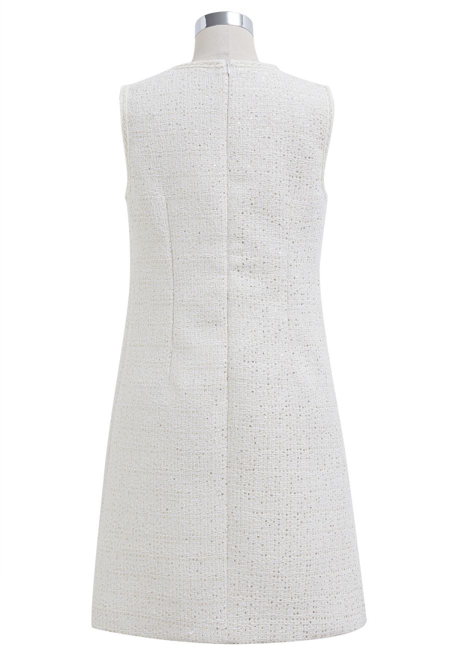 Sequin Embroidery Sleeveless Tweed Dress in White
