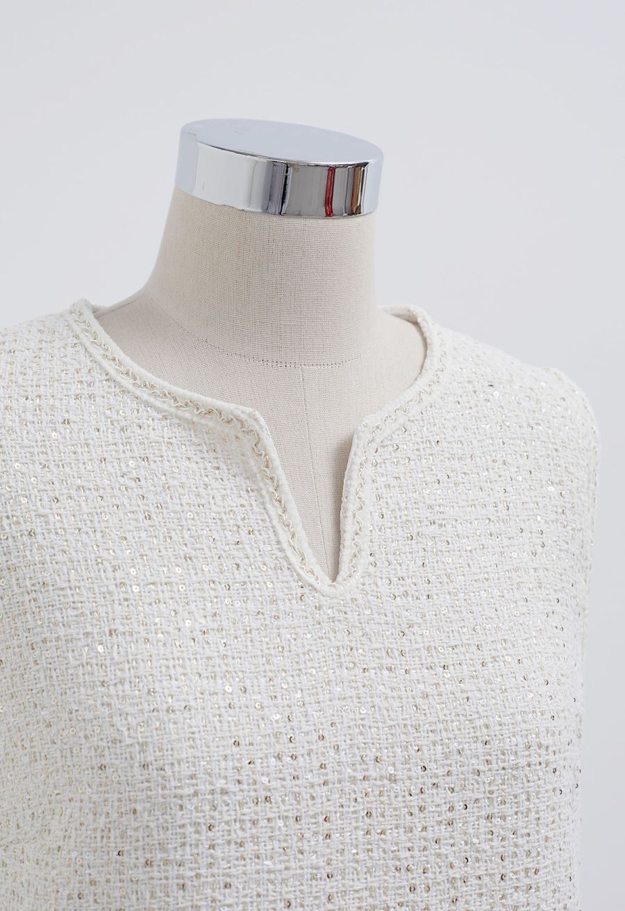 Sequin Embroidery Sleeveless Tweed Dress in White