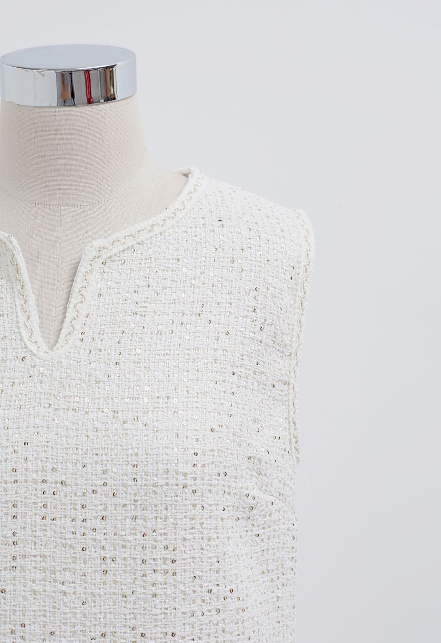 Sequin Embroidery Sleeveless Tweed Dress in White