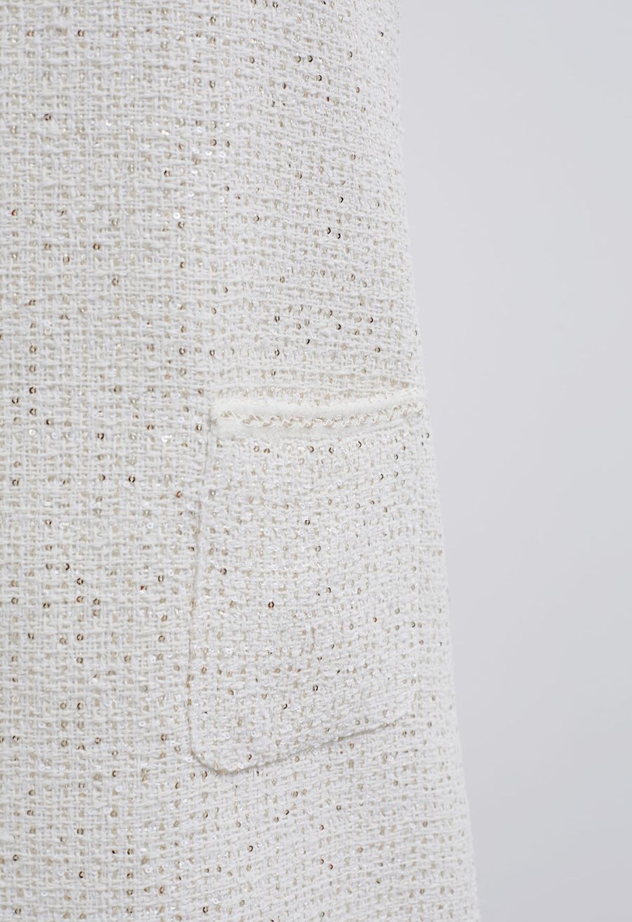 Sequin Embroidery Sleeveless Tweed Dress in White