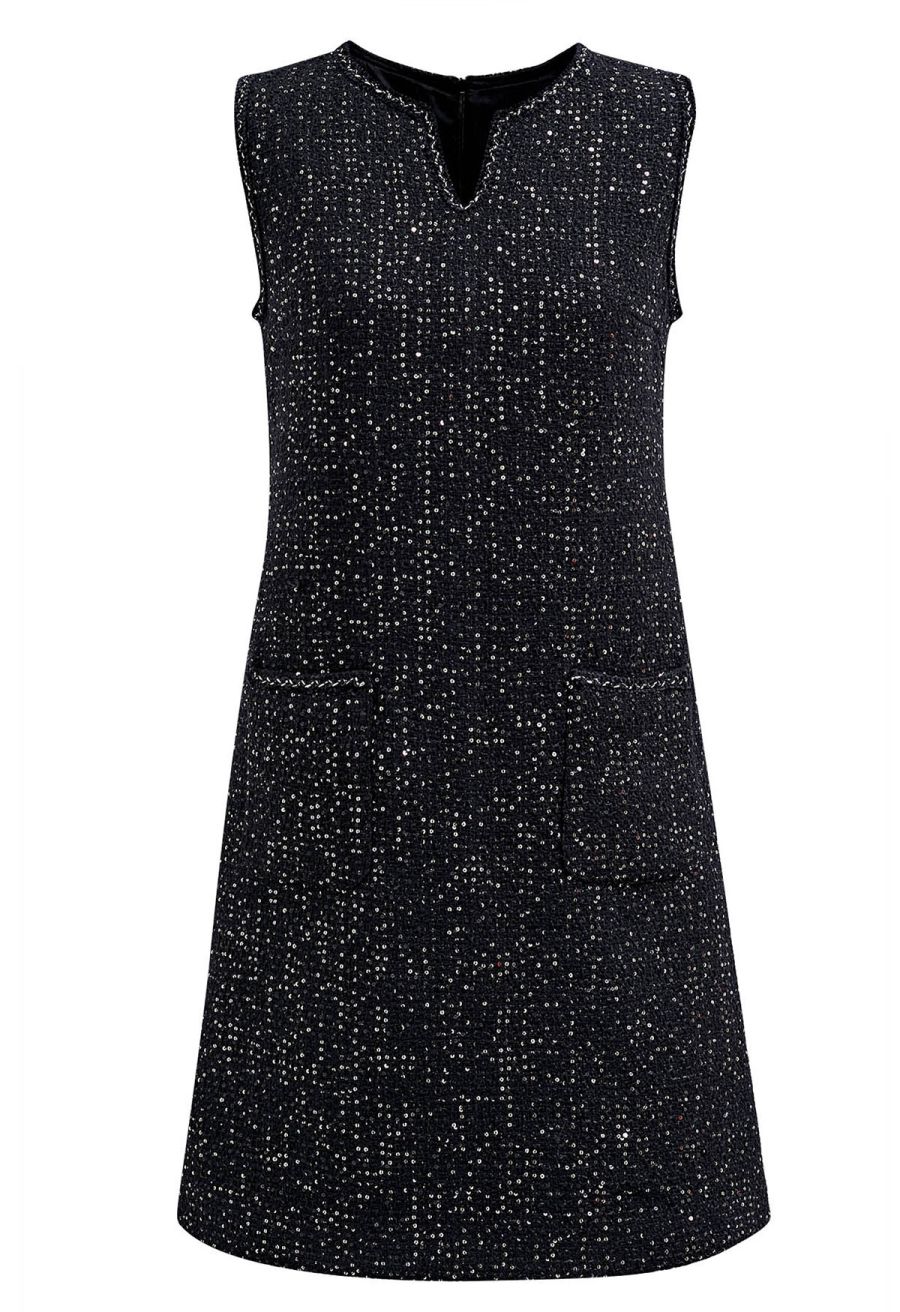 Sequin Embroidery Sleeveless Tweed Dress in Black