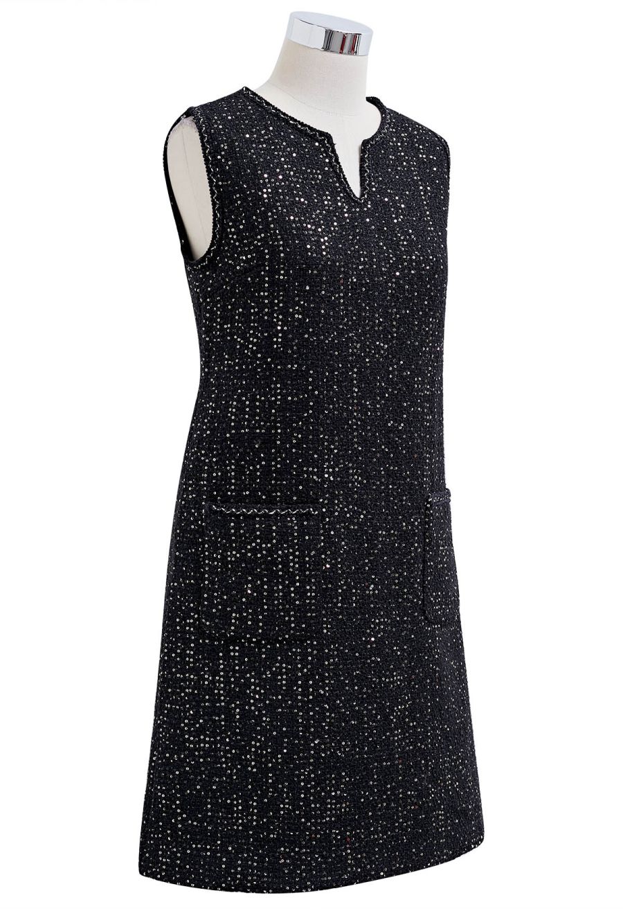 Sequin Embroidery Sleeveless Tweed Dress in Black