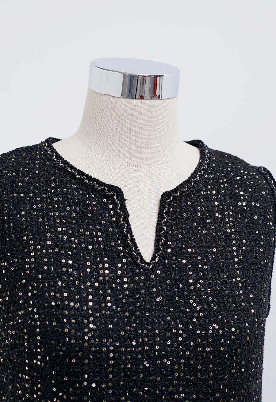 Sequin Embroidery Sleeveless Tweed Dress in Black