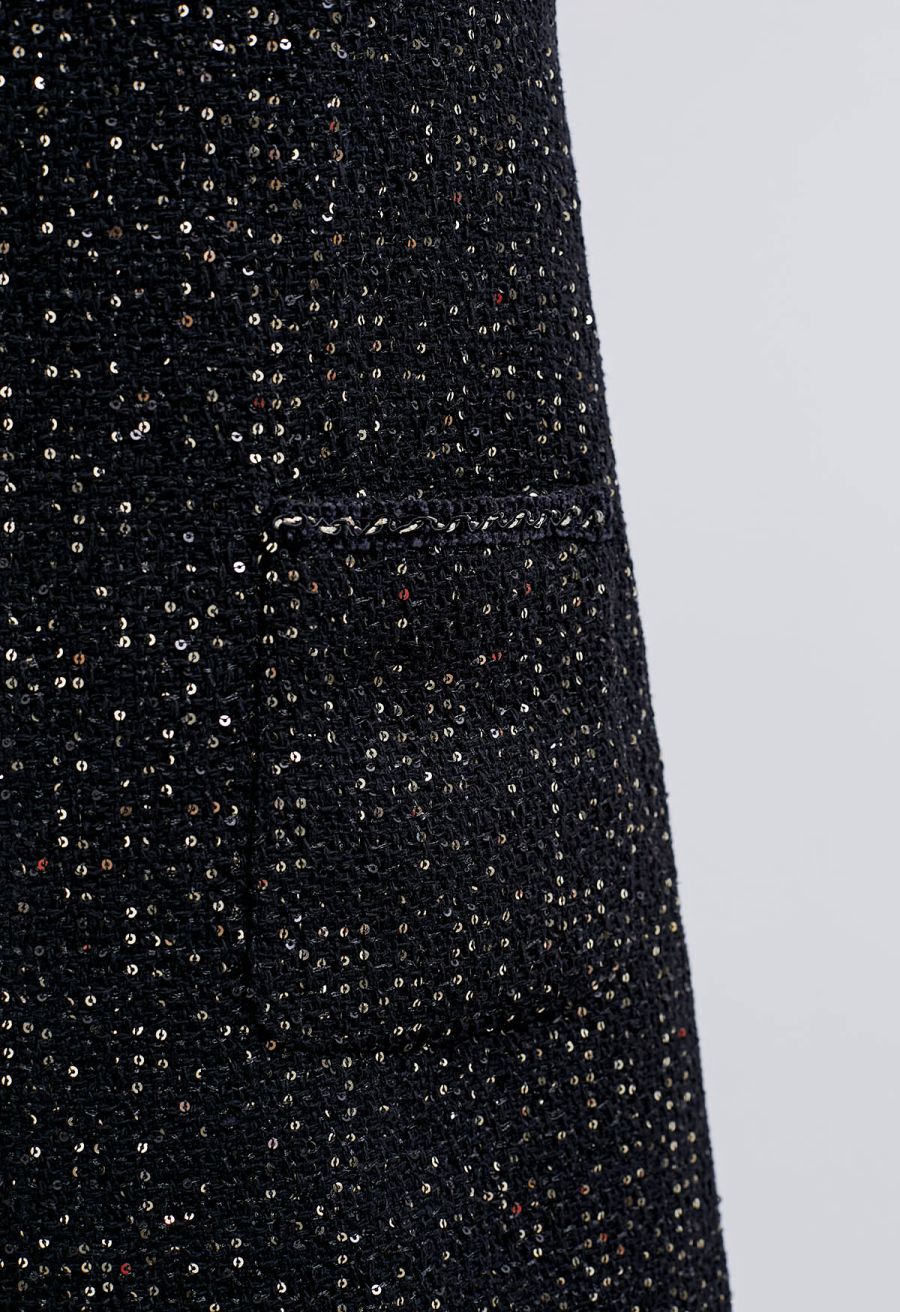 Sequin Embroidery Sleeveless Tweed Dress in Black