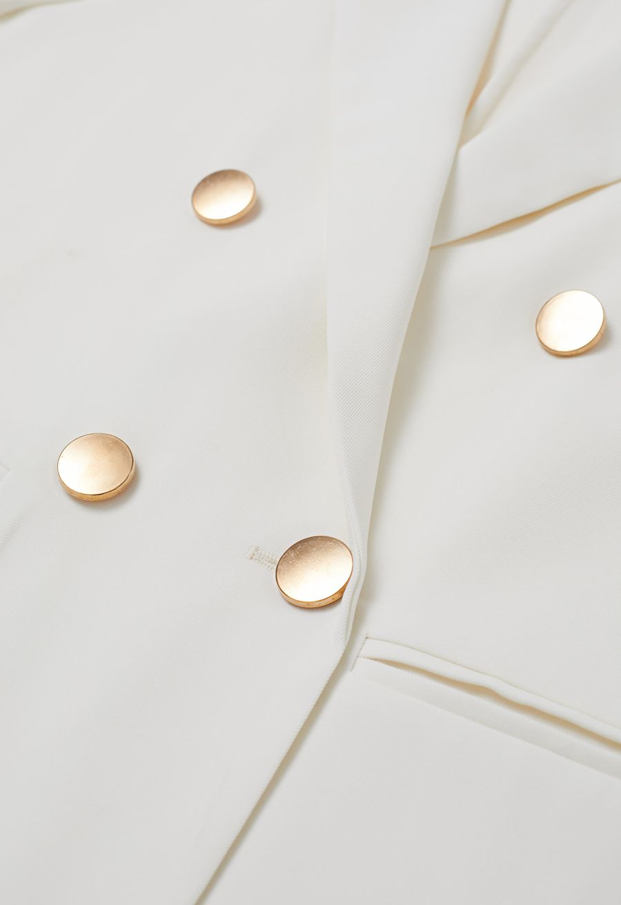 Golden Button Short-Sleeve Blazer in White