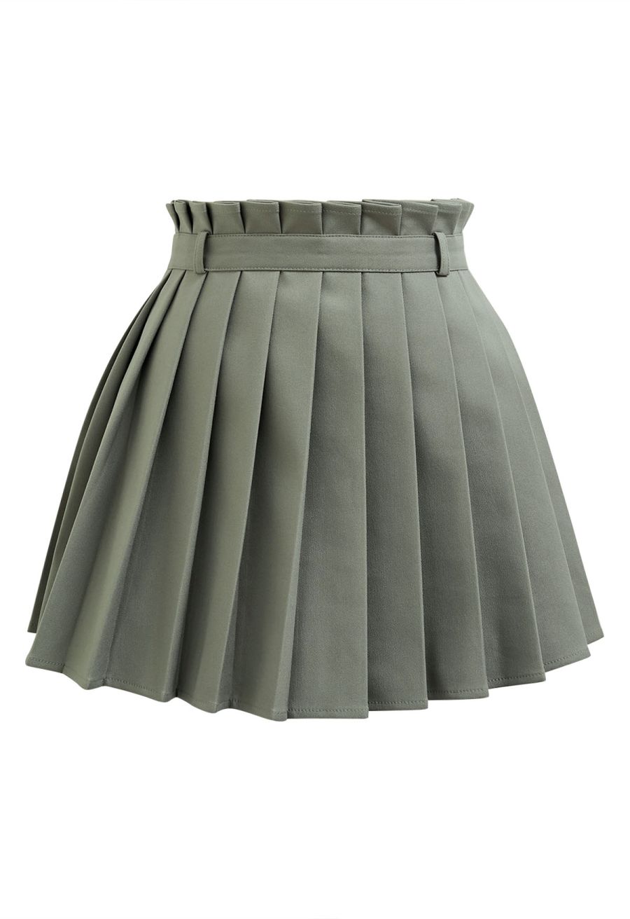 Button Front Vest Blazer and Pleated Mini Skirt Set in Sage