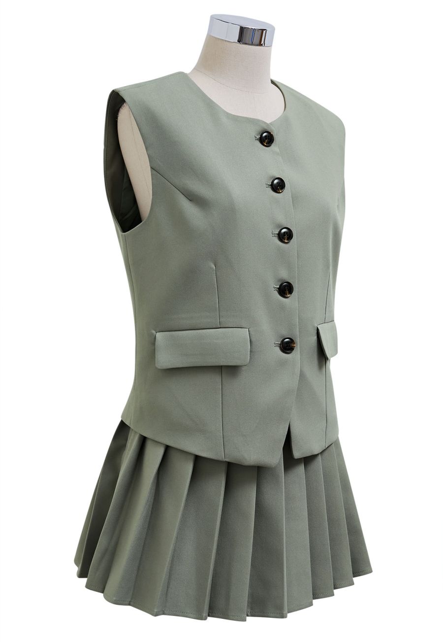 Button Front Vest Blazer and Pleated Mini Skirt Set in Sage