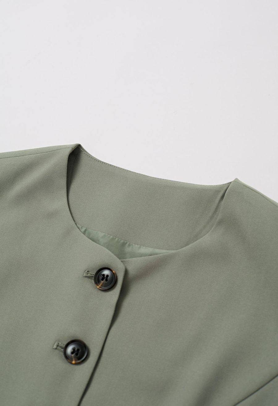 Button Front Vest Blazer and Pleated Mini Skirt Set in Sage