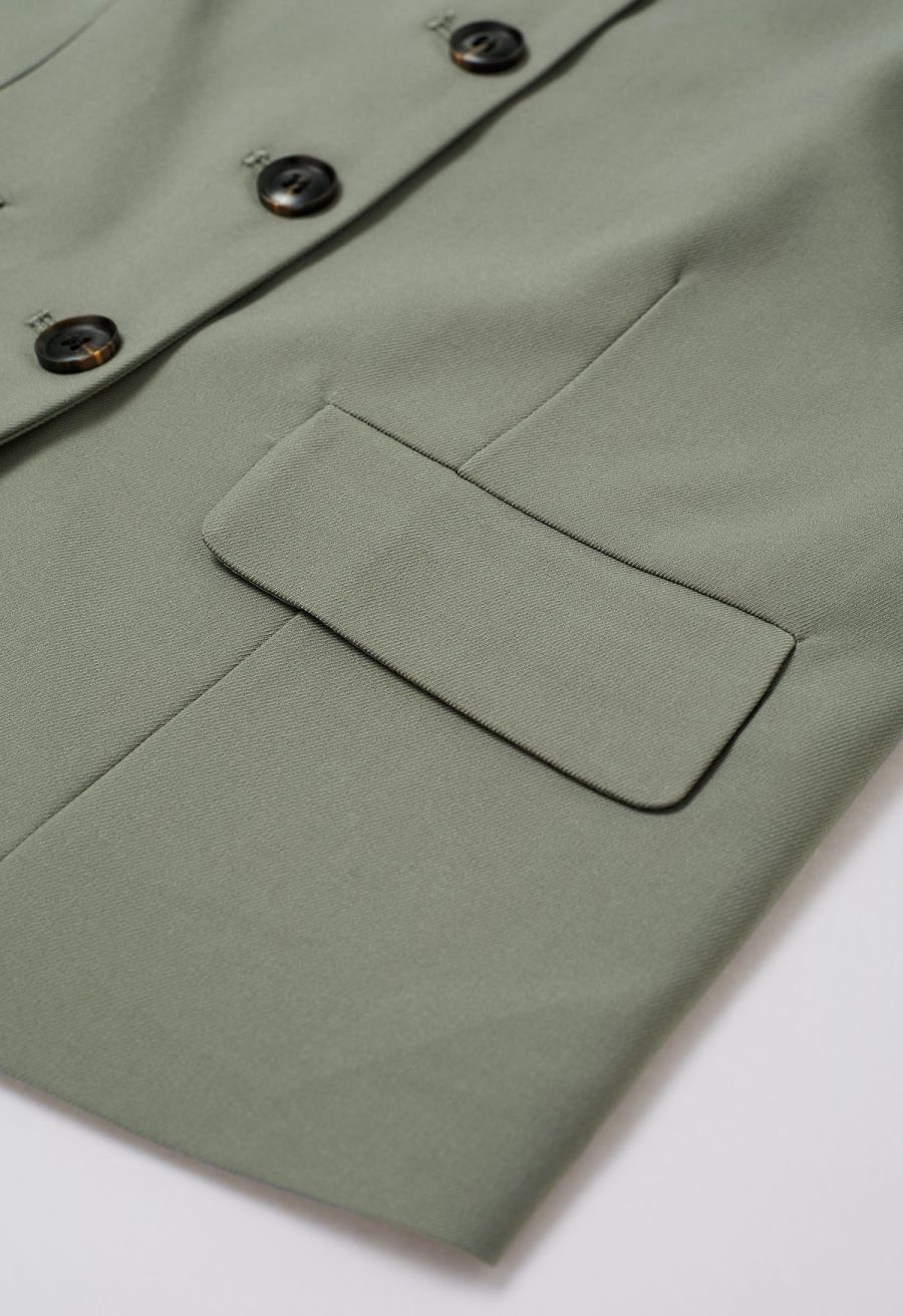 Button Front Vest Blazer and Pleated Mini Skirt Set in Sage