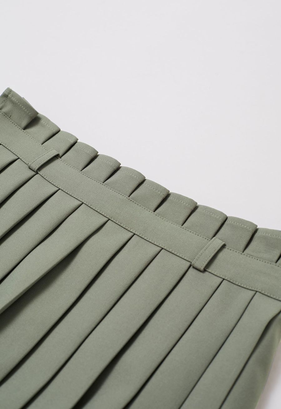 Button Front Vest Blazer and Pleated Mini Skirt Set in Sage