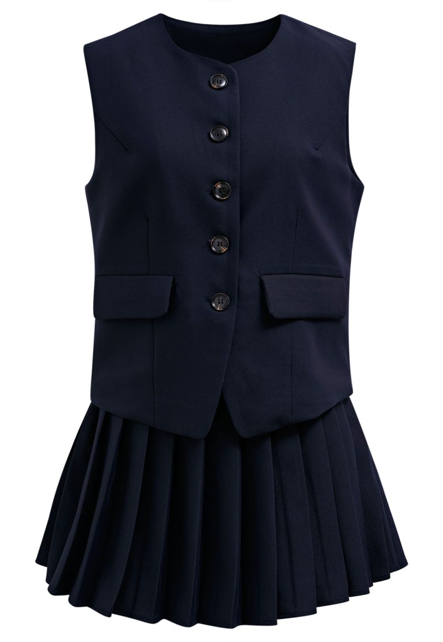 Button Front Vest Blazer and Pleated Mini Skirt Set in Navy