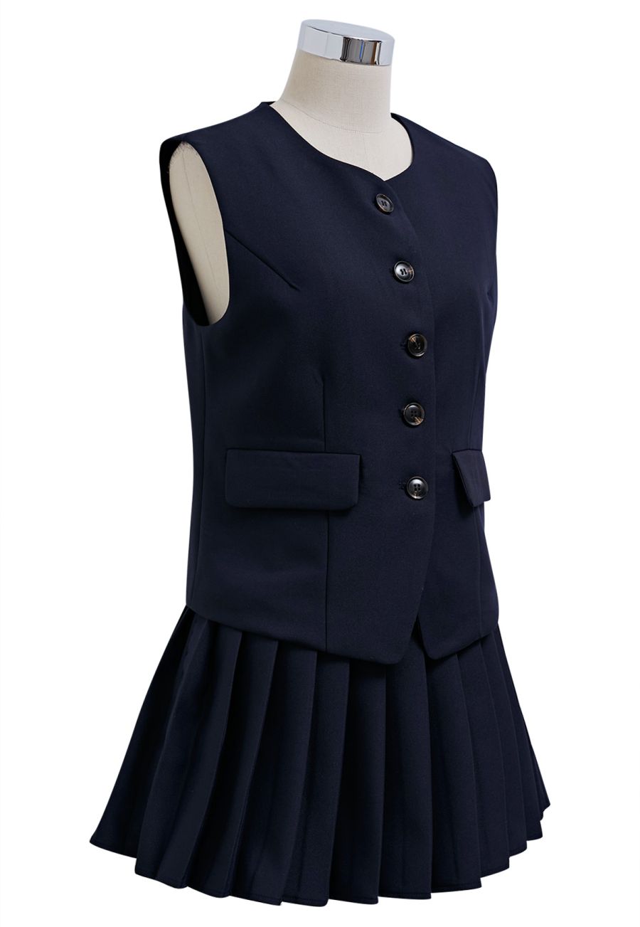 Button Front Vest Blazer and Pleated Mini Skirt Set in Navy