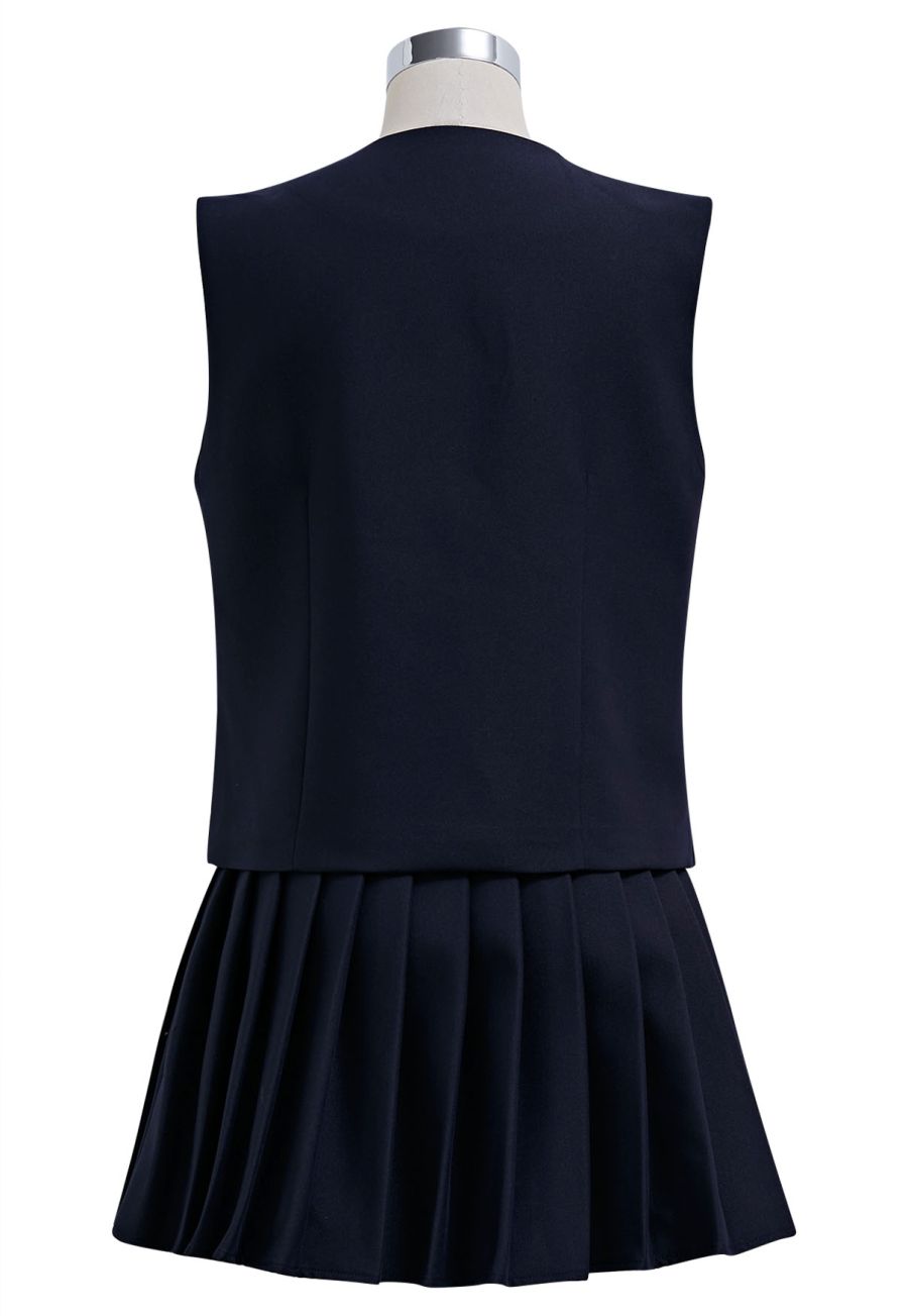Button Front Vest Blazer and Pleated Mini Skirt Set in Navy