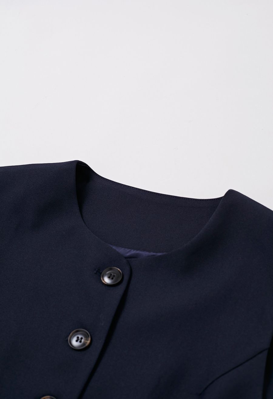 Button Front Vest Blazer and Pleated Mini Skirt Set in Navy