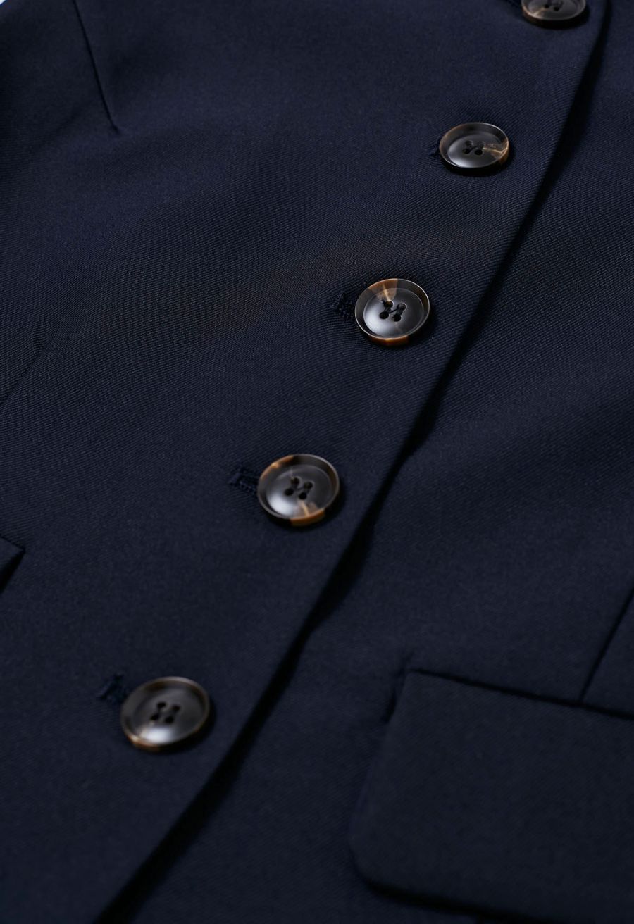 Button Front Vest Blazer and Pleated Mini Skirt Set in Navy
