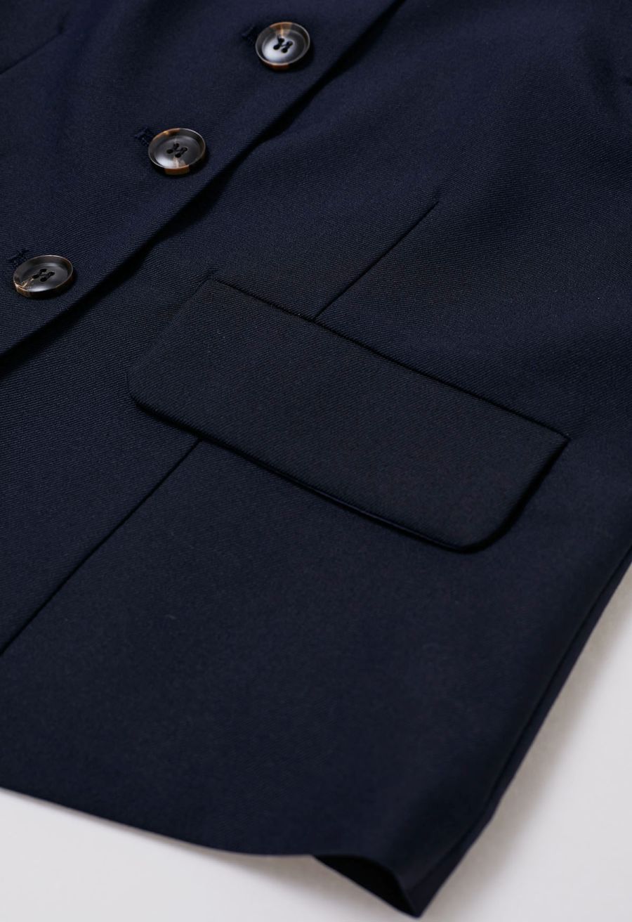 Button Front Vest Blazer and Pleated Mini Skirt Set in Navy