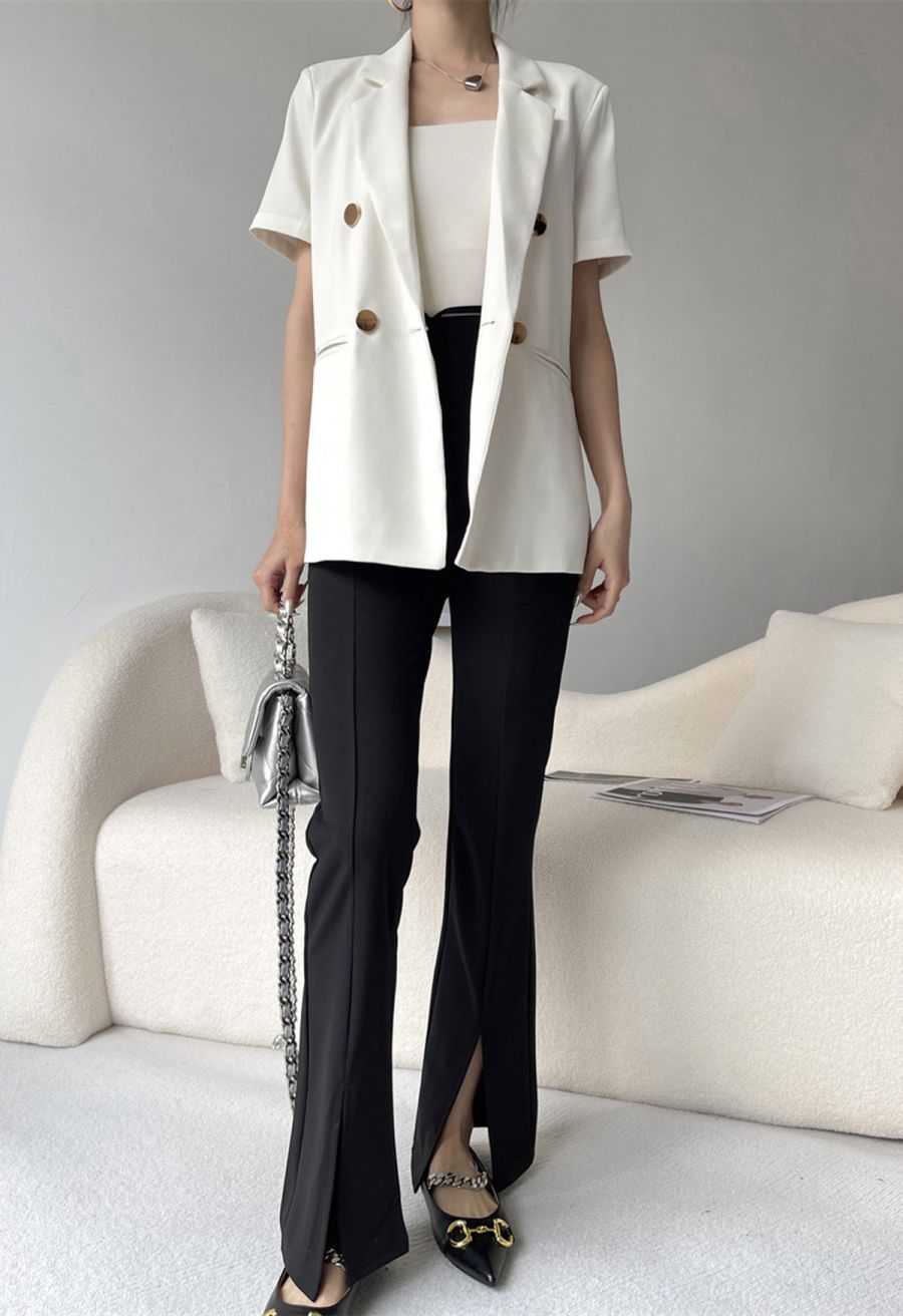 Golden Button Short-Sleeve Blazer in White