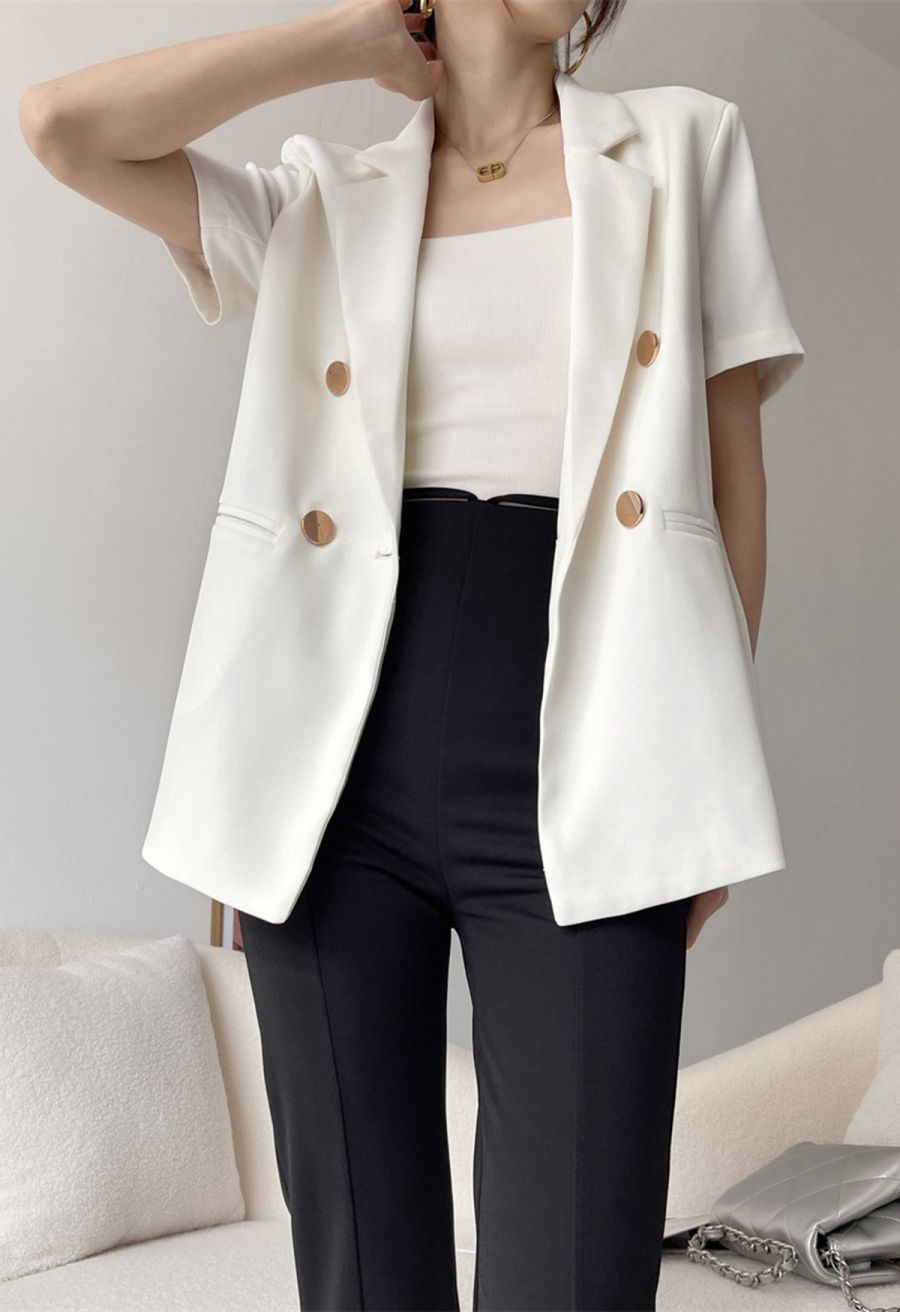 Golden Button Short-Sleeve Blazer in White
