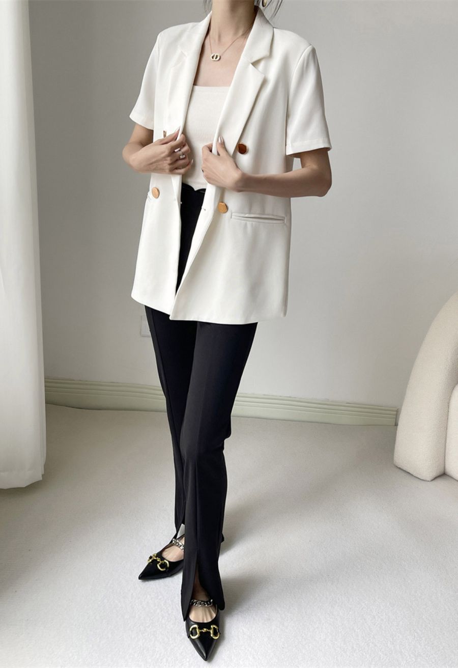 Golden Button Short-Sleeve Blazer in White