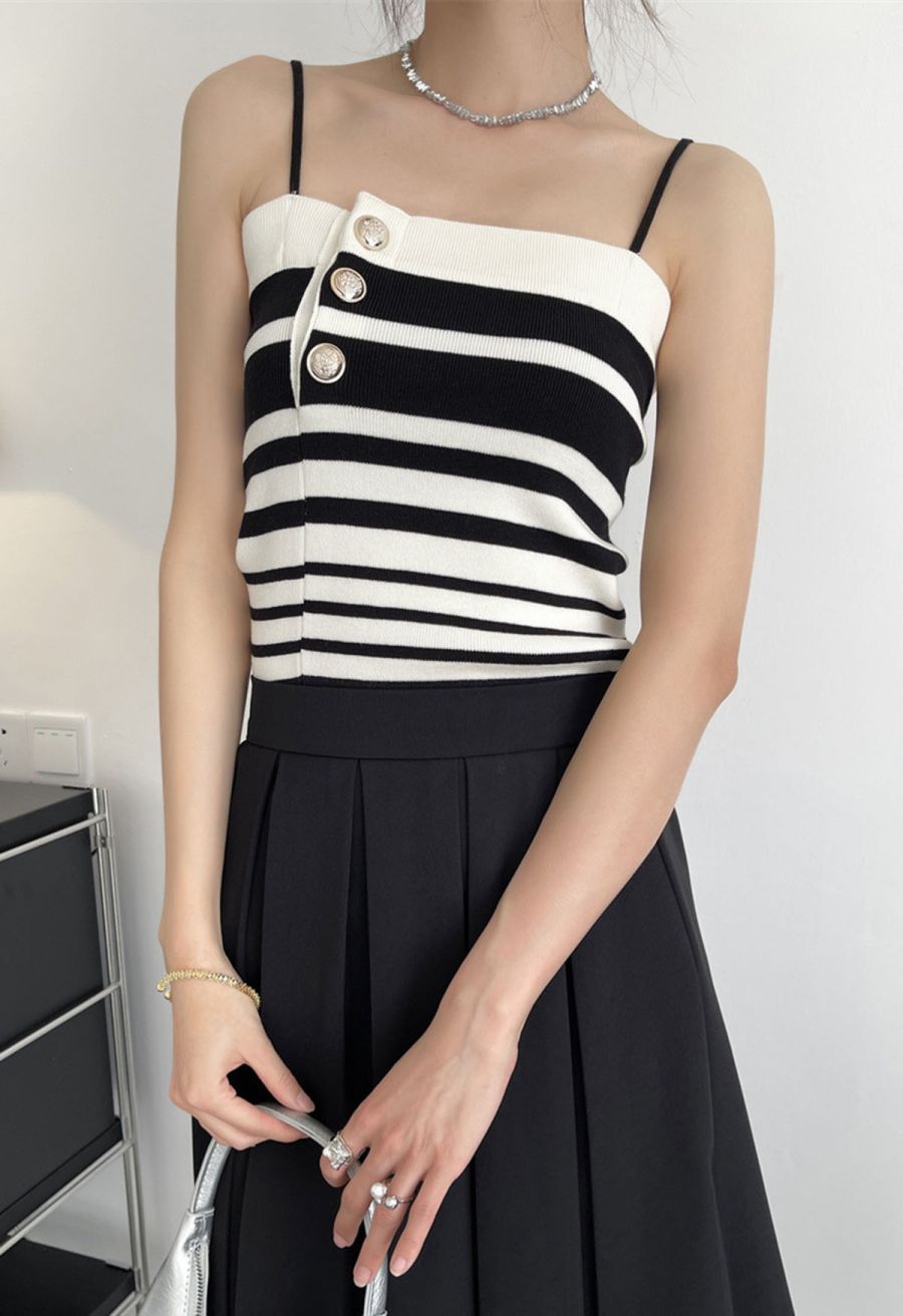 Contrast Stripe Button Trim Knit Cami Top
