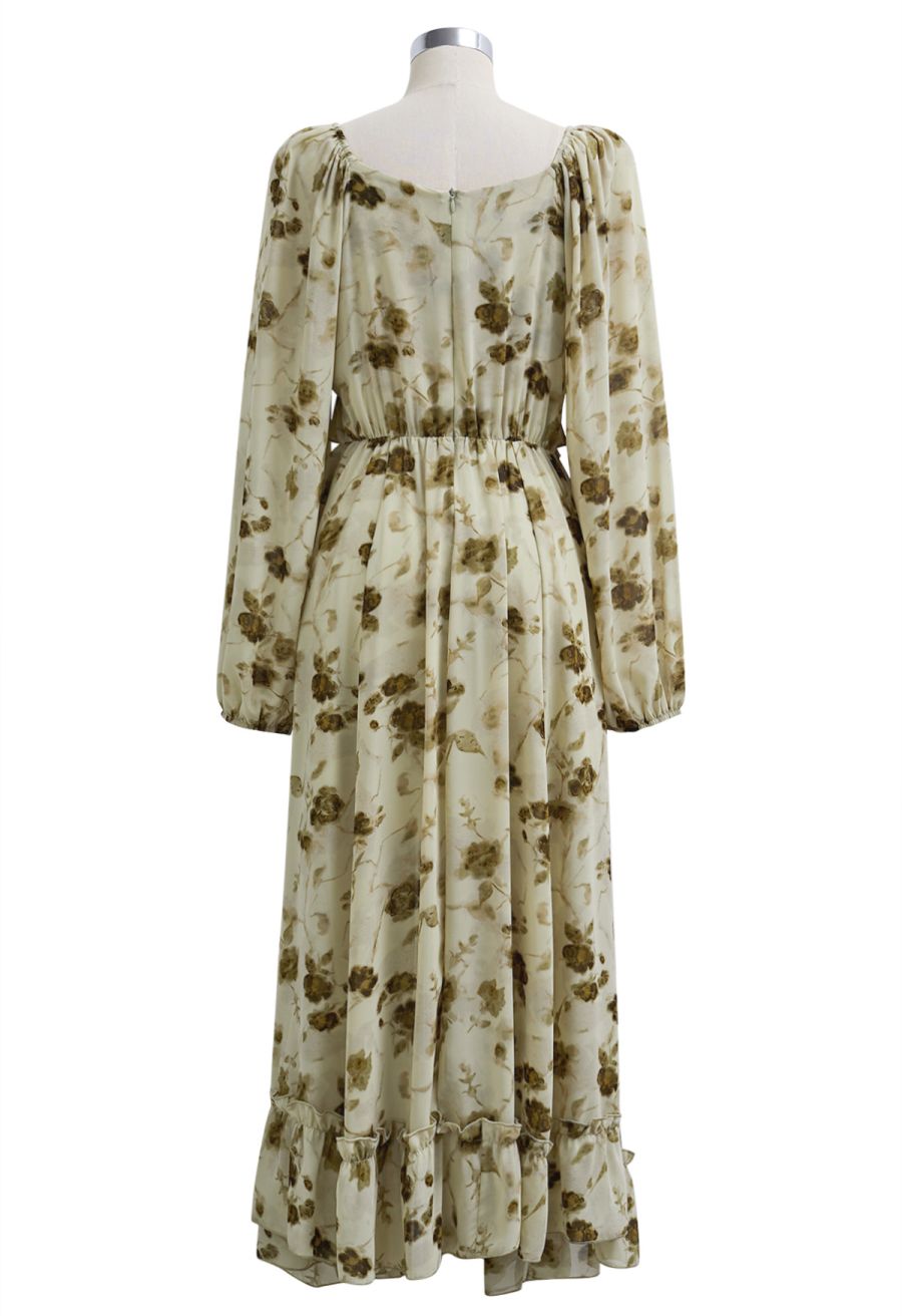 Inky Floral Tiered Ruffle Puff Sleeve Chiffon Maxi Dress in Pistachio
