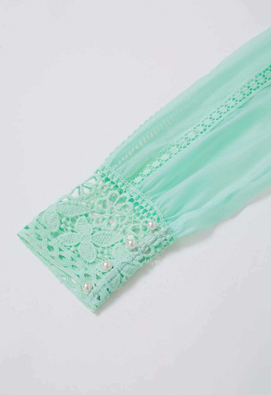 Savvy Elegance Notch Neck Floral Lace Panelled Maxi Dress in Mint