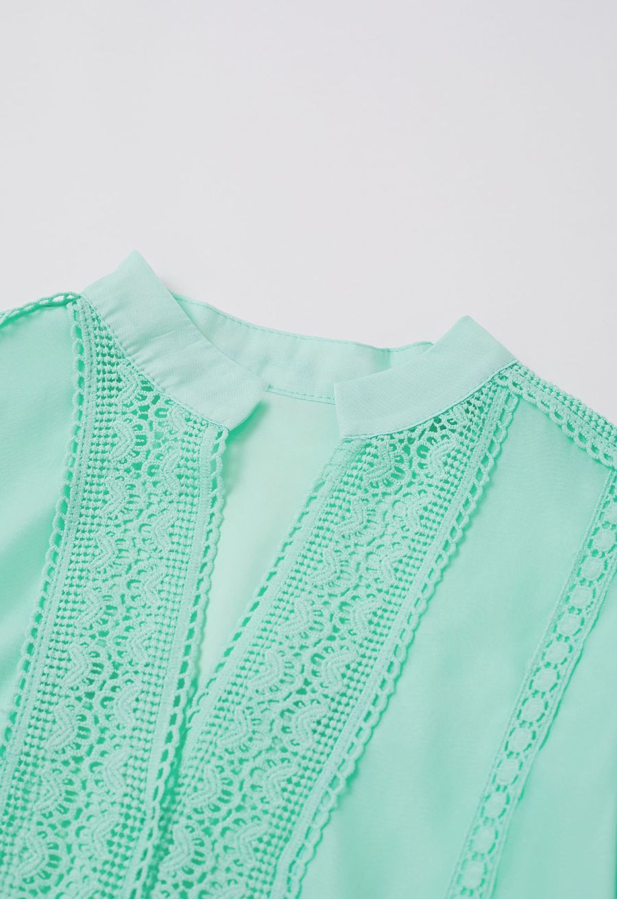 Savvy Elegance Notch Neck Floral Lace Panelled Midi Dress in Mint