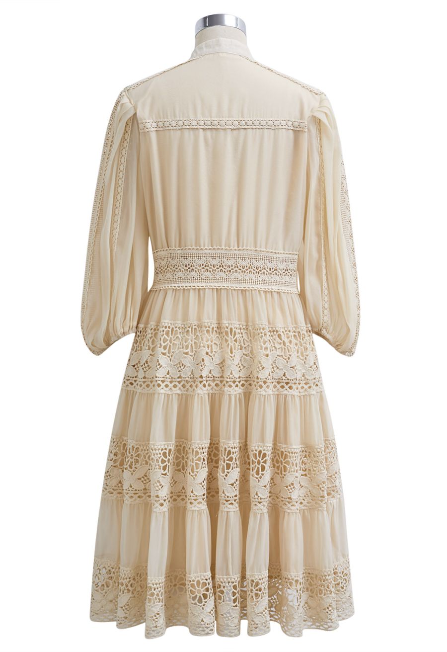Savvy Elegance Notch Neck Floral Lace Panelled Midi Dress in Cream