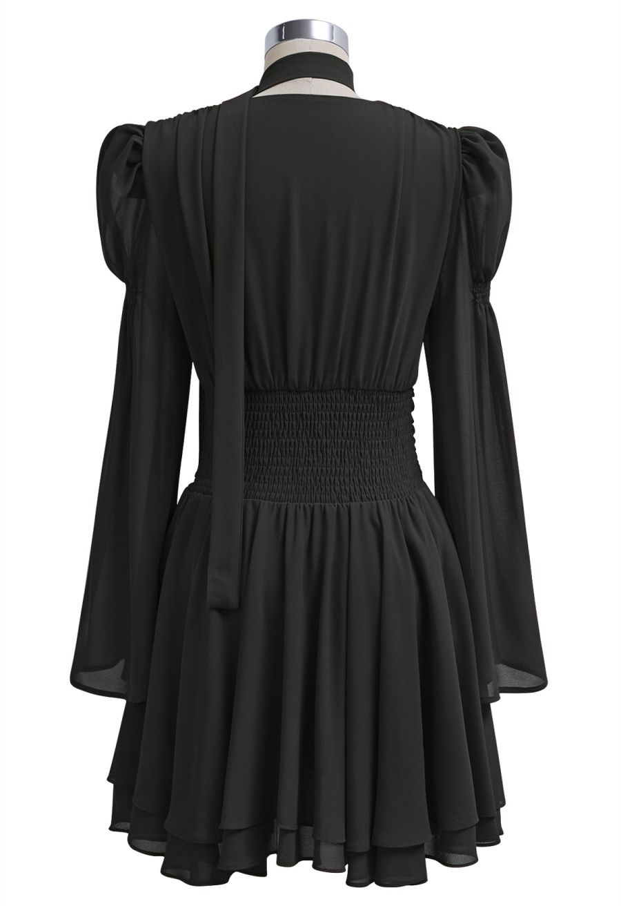 Faux-Wrap Flare Sleeve Asymmetric Chiffon Mini Dress with Sash in Black