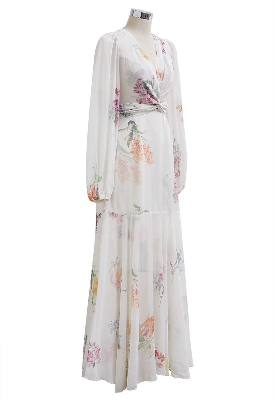 Watercolor Botanical Printed Crisscross Cutout Self-Tie Chiffon Maxi Dress