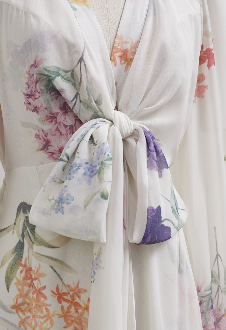 Watercolor Botanical Printed Crisscross Cutout Self-Tie Chiffon Maxi Dress