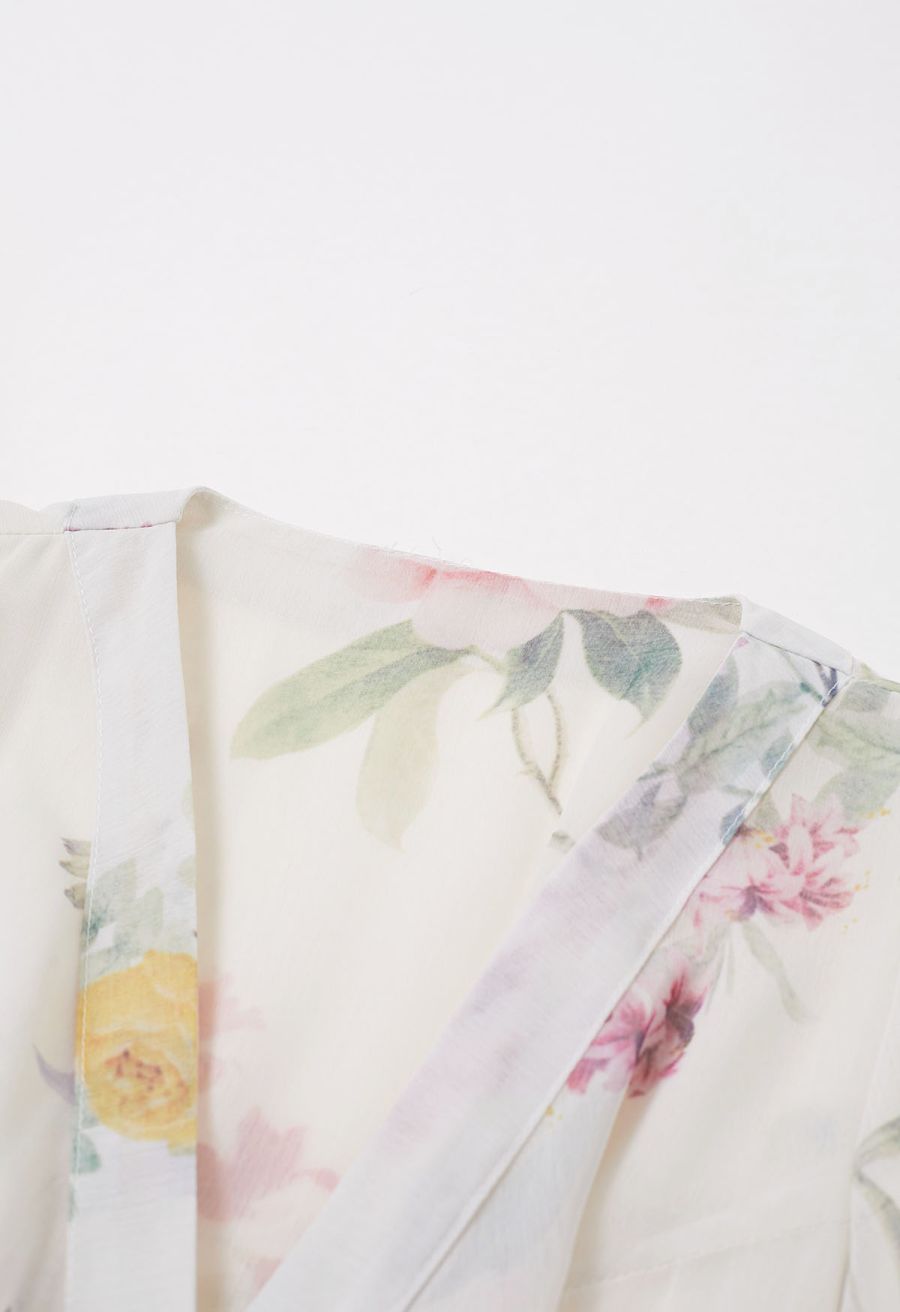 Watercolor Botanical Printed Crisscross Cutout Self-Tie Chiffon Maxi Dress