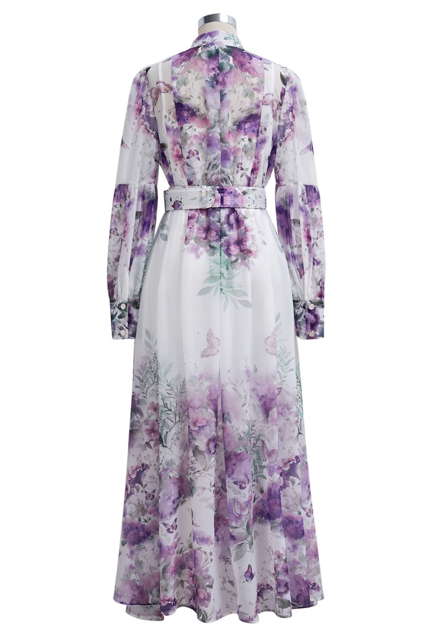 Watercolor Rose Garden Tie-Neck Belted Organza Maxi Dress in Purple