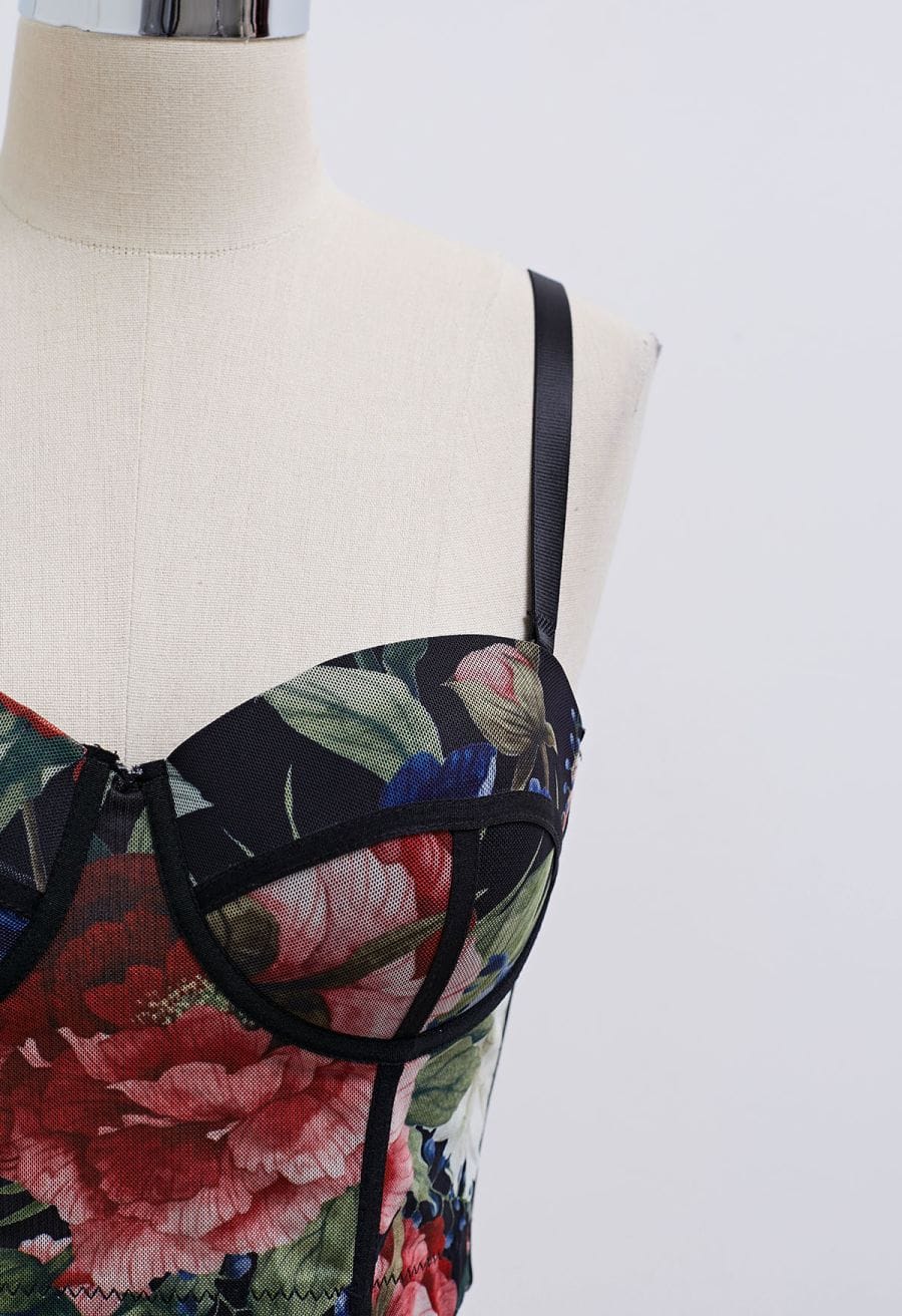 Floral Mesh Bustier Crop Top in Black