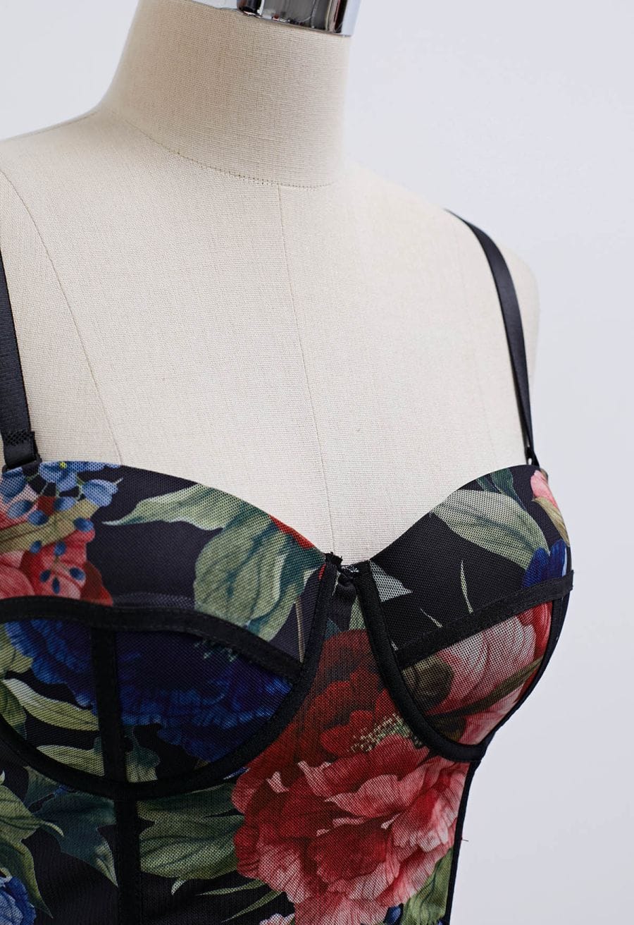 Floral Mesh Bustier Crop Top in Black