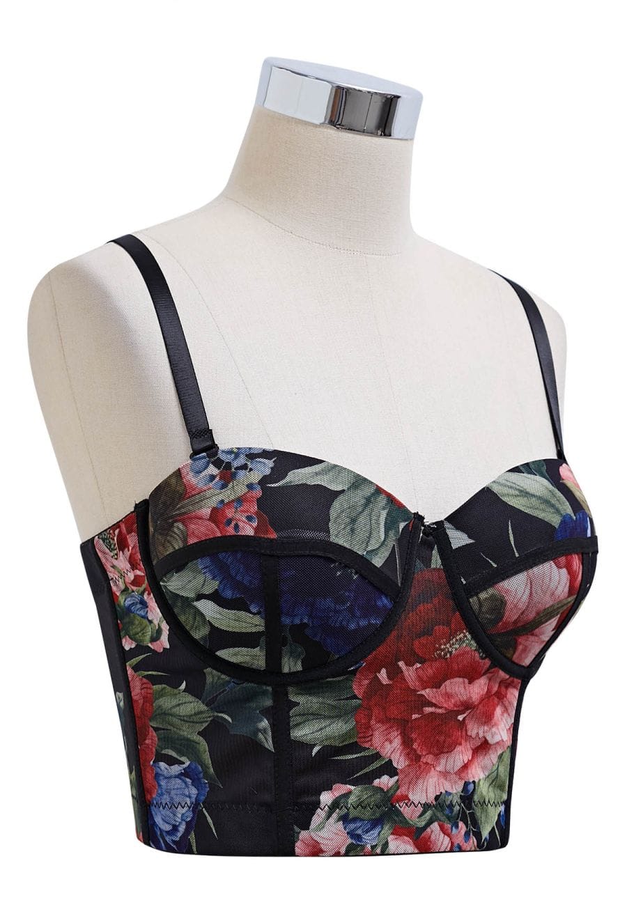 Floral Mesh Bustier Crop Top in Black