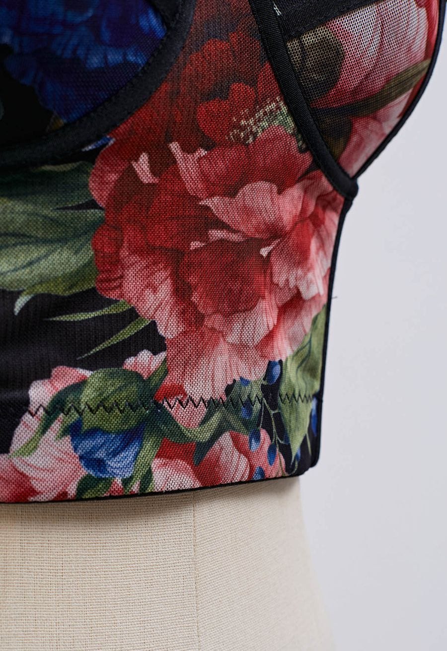 Floral Mesh Bustier Crop Top in Black