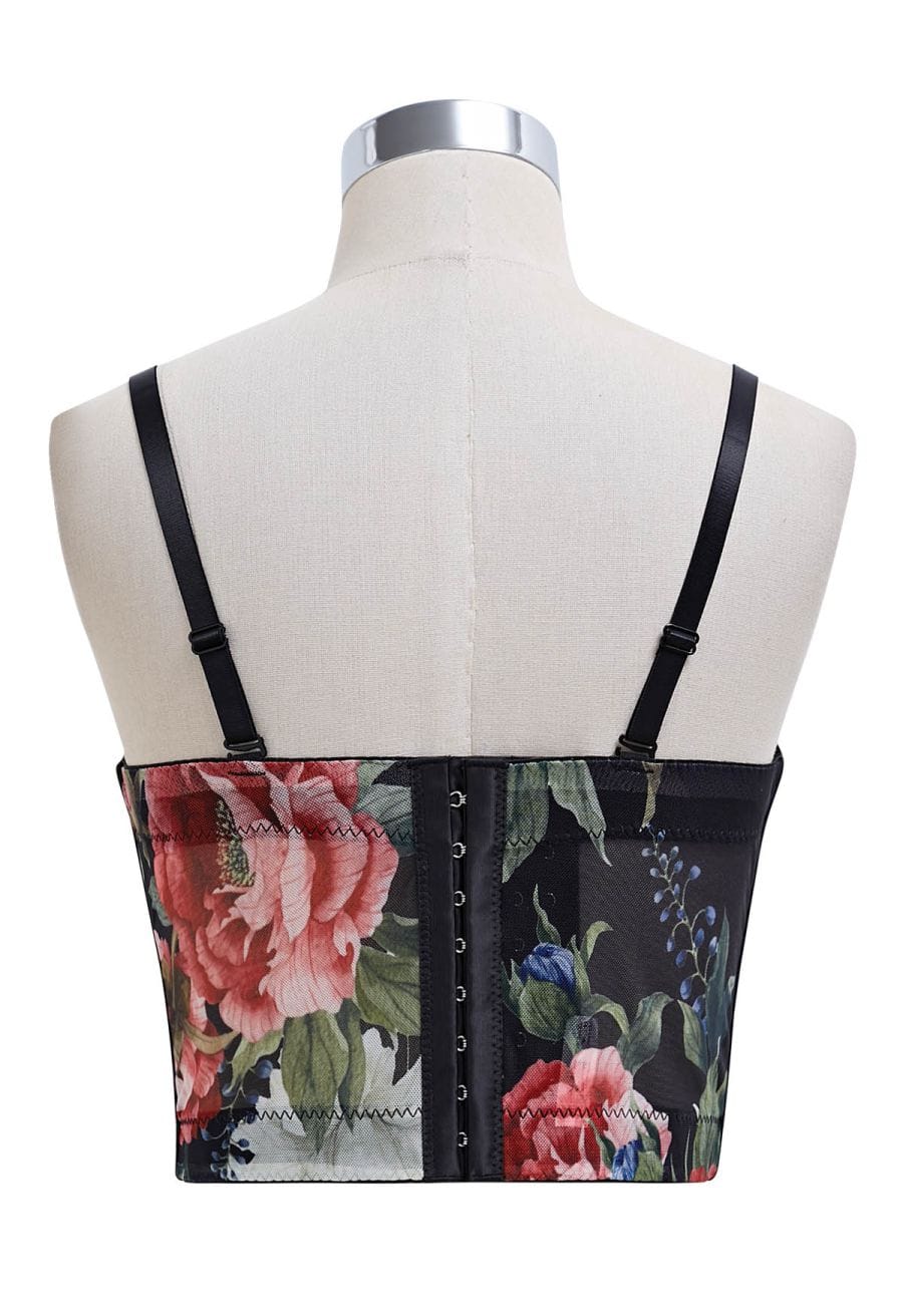 Floral Mesh Bustier Crop Top in Black