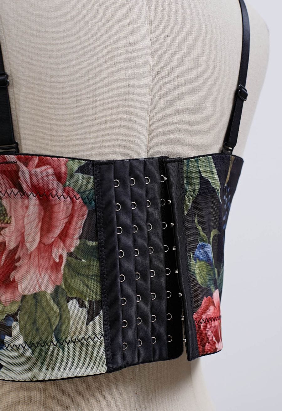 Floral Mesh Bustier Crop Top in Black