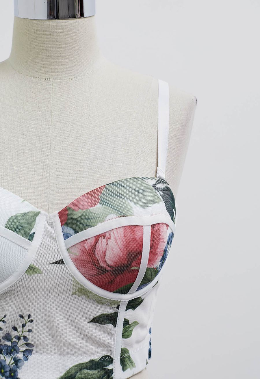 Floral Mesh Bustier Crop Top in White