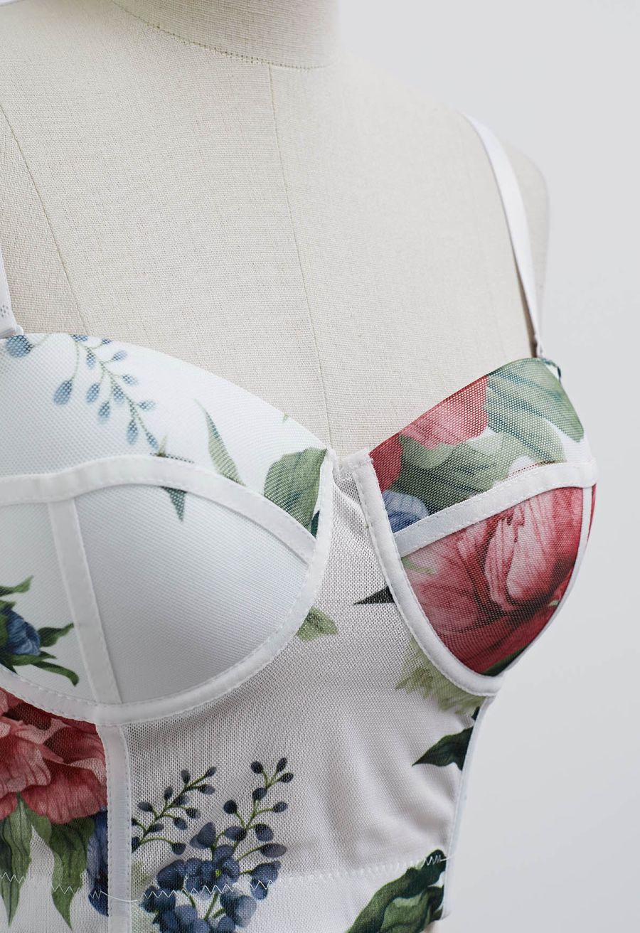 Floral Mesh Bustier Crop Top in White