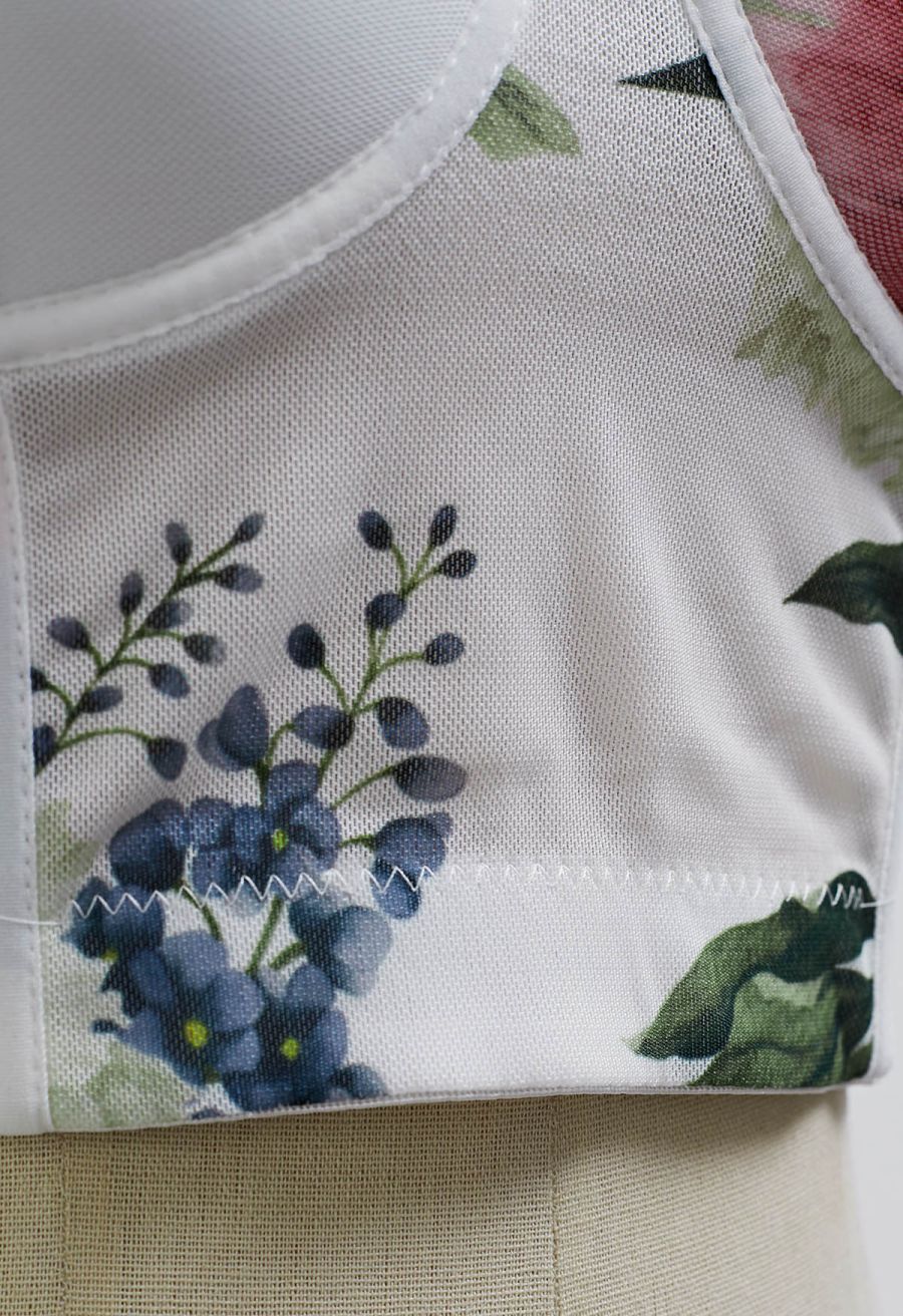 Floral Mesh Bustier Crop Top in White