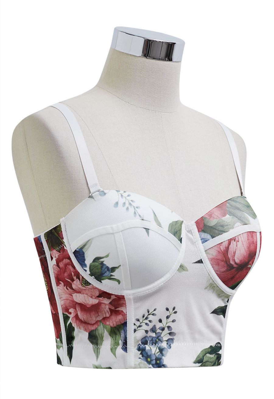 Floral Mesh Bustier Crop Top in White