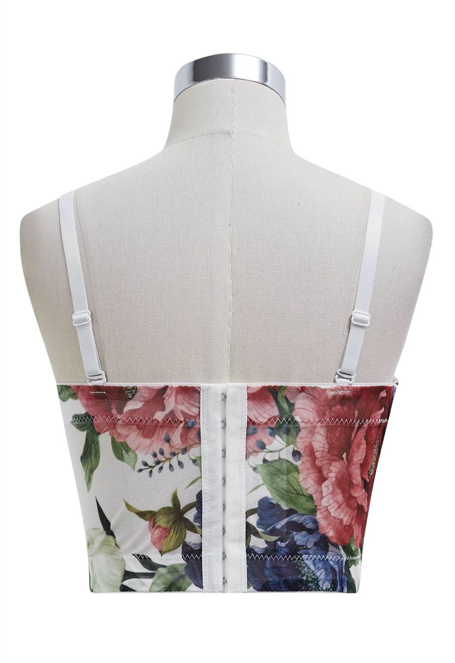 Floral Mesh Bustier Crop Top in White