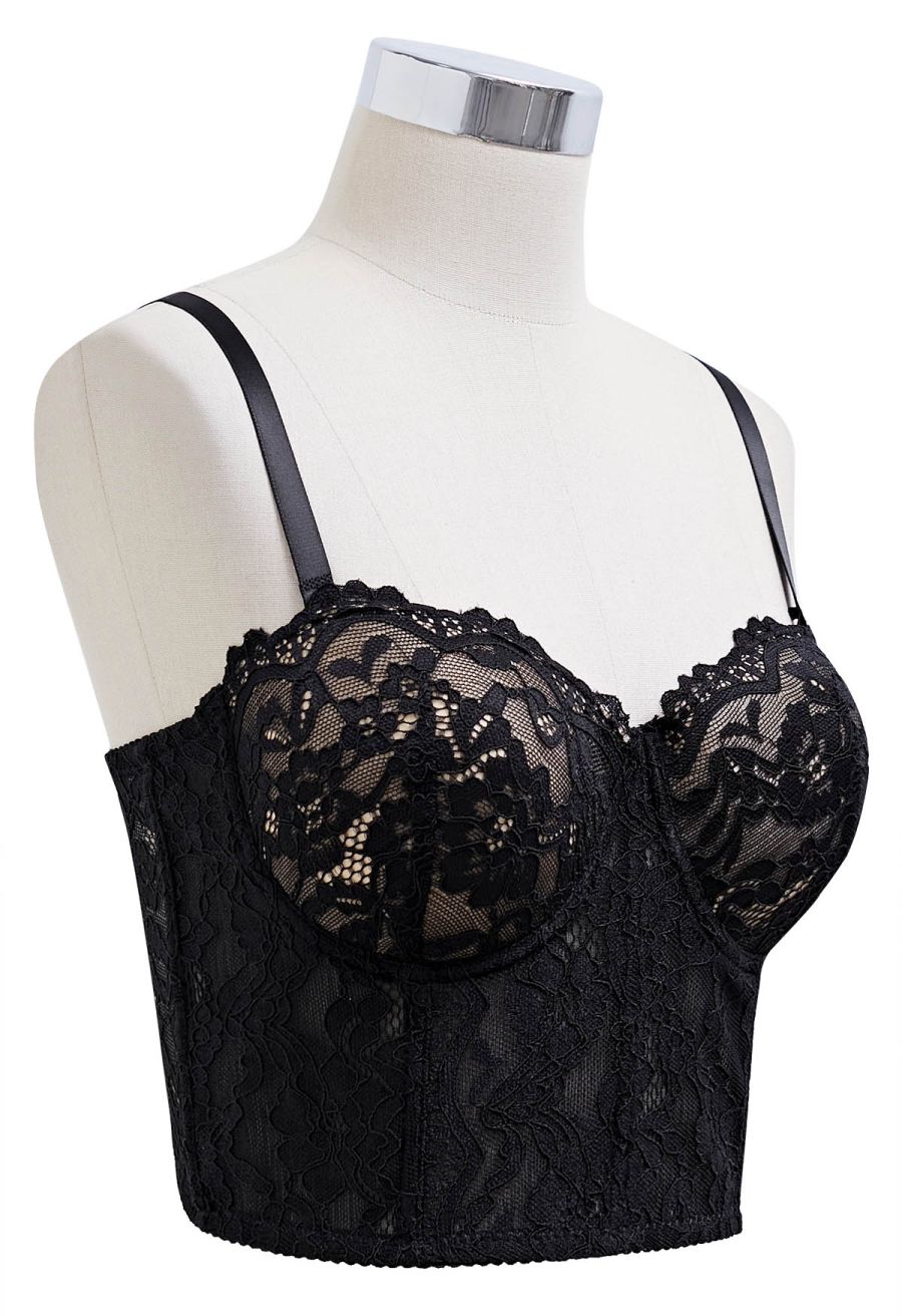 Floral Lace Bustier Crop Top in Black