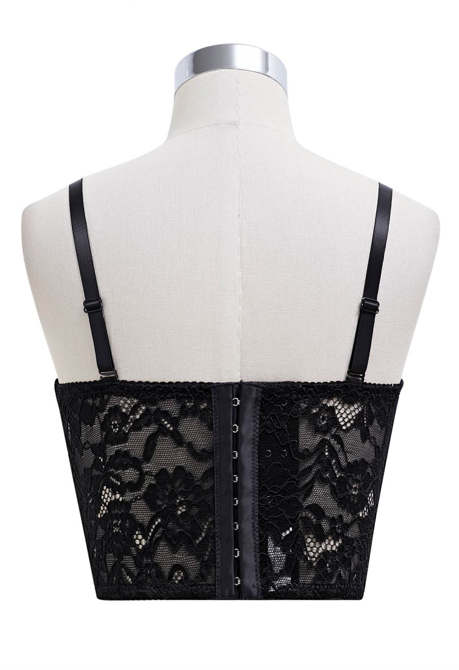 Floral Lace Bustier Crop Top in Black